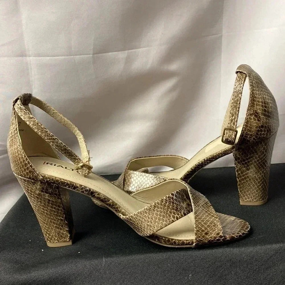 RIALTO WO SIZE 9.5 BROWN SNAKESKIN-ANKLE STRAP 4” THICK  HEEL OPEN TOE SHOE - Picture 3 of 13